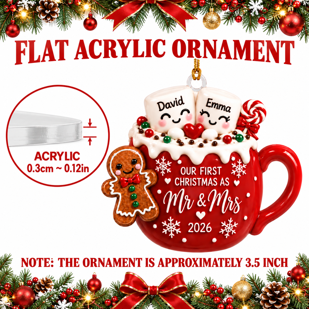 Personalized Wedding 2D Printed Christmas Ornament Tree Decoration Gifts for Couples