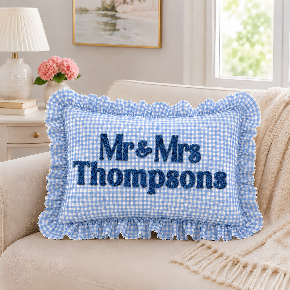 Personalized Monogram Gingham Ruffle Pillow for Couples