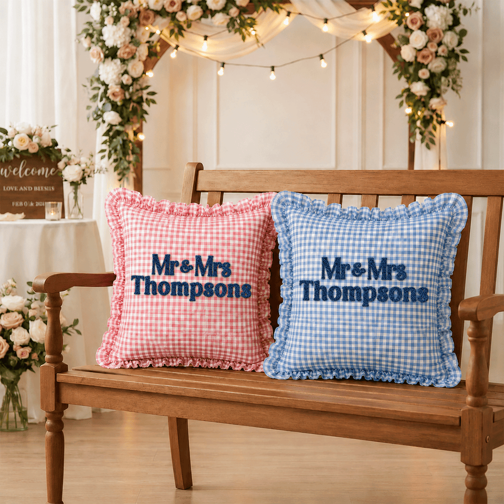 Personalized Monogram Gingham Ruffle Pillow for Couples