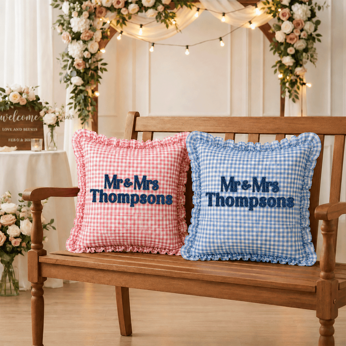 Personalized Monogram Gingham Ruffle Pillow for Couples
