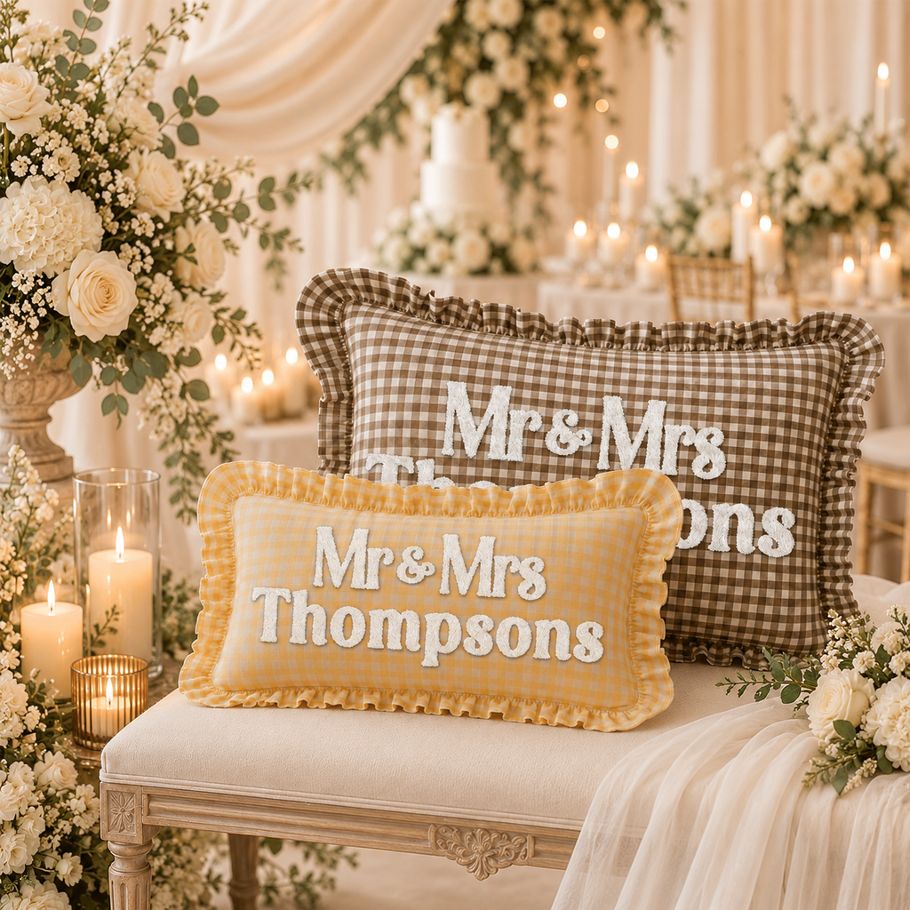 Personalized Monogram Gingham Ruffle Pillow for Couples
