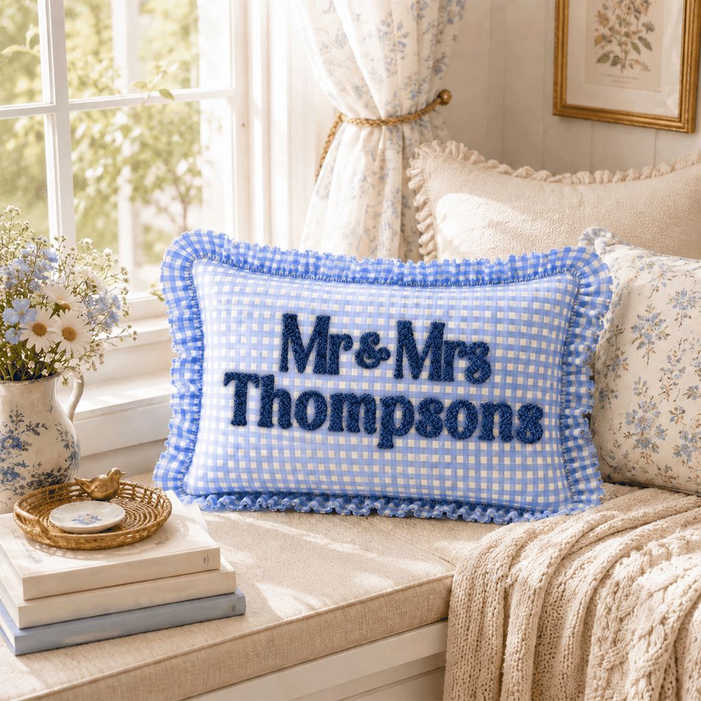 Personalized Monogram Gingham Ruffle Pillow for Couples