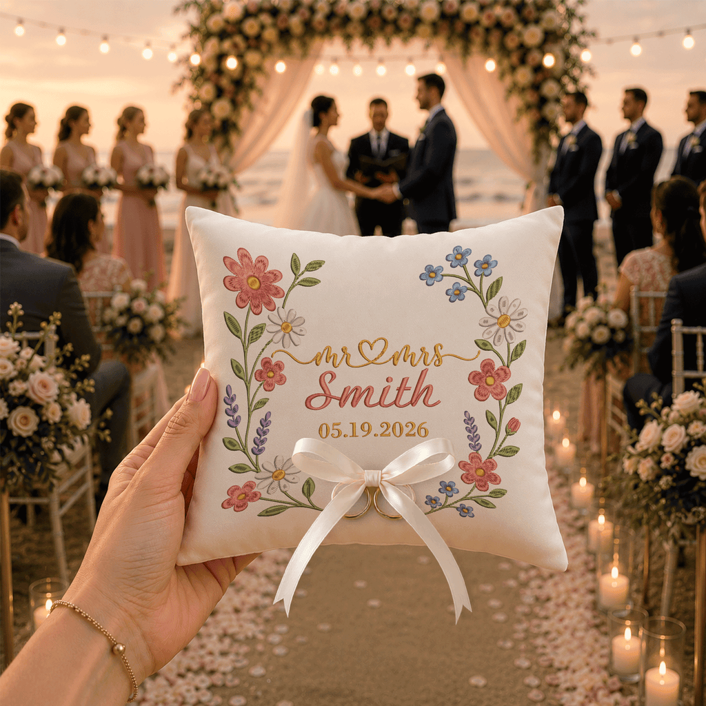 Personalized embroidered ring bearer pillow for wedding — image 4