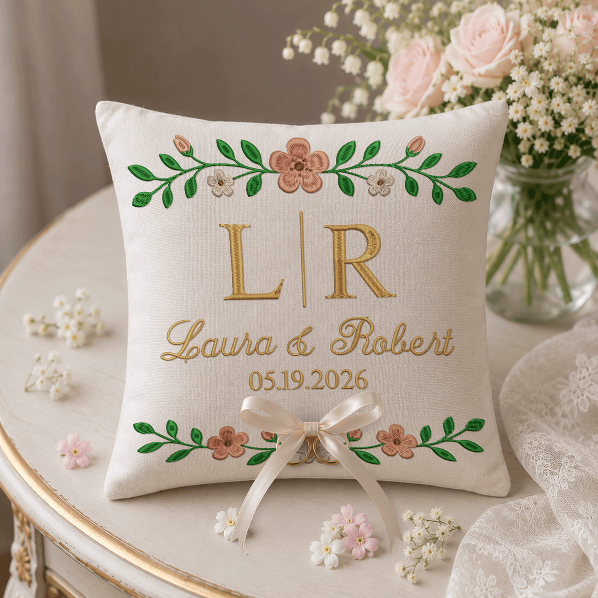 Personalized embroidered ring bearer pillow for wedding — image 7